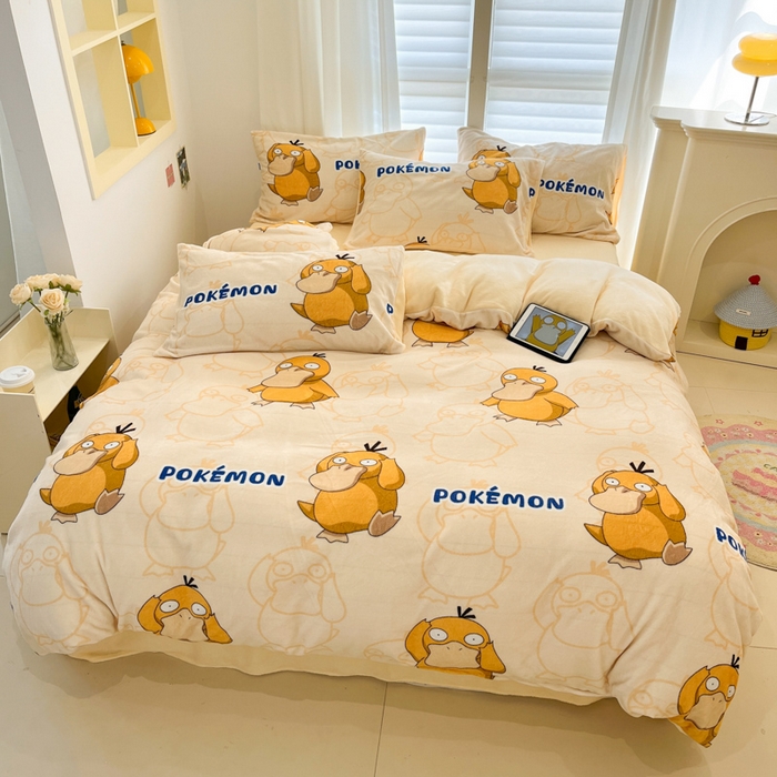 金爱家 2025新品大版卡通平网数码印花加厚高克重牛奶绒皮卡丘系列四件套 绒小版-奶黄可达鸭