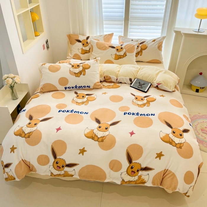 金爱家 2025新品大版卡通平网数码印花加厚高克重牛奶绒皮卡丘系列四件套 绒小版-泡泡伊布