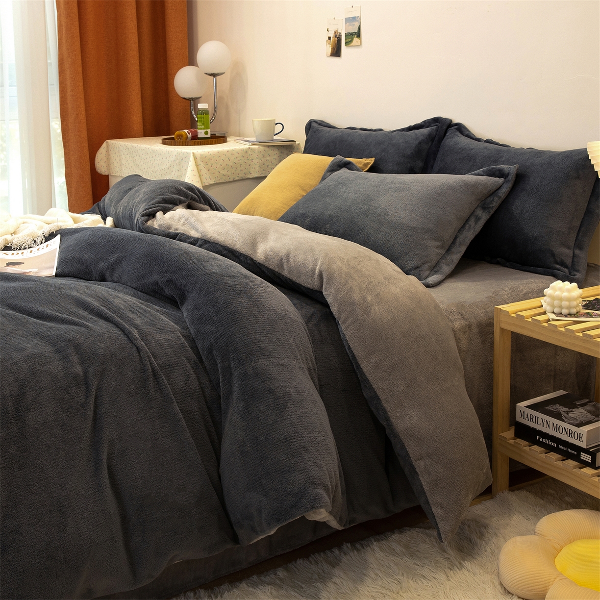 91家纺网 家纺一手货源 找家纺 兰紫橙家纺 2025新款双面绒纯色双拼牛奶绒四件套 深灰+浅灰