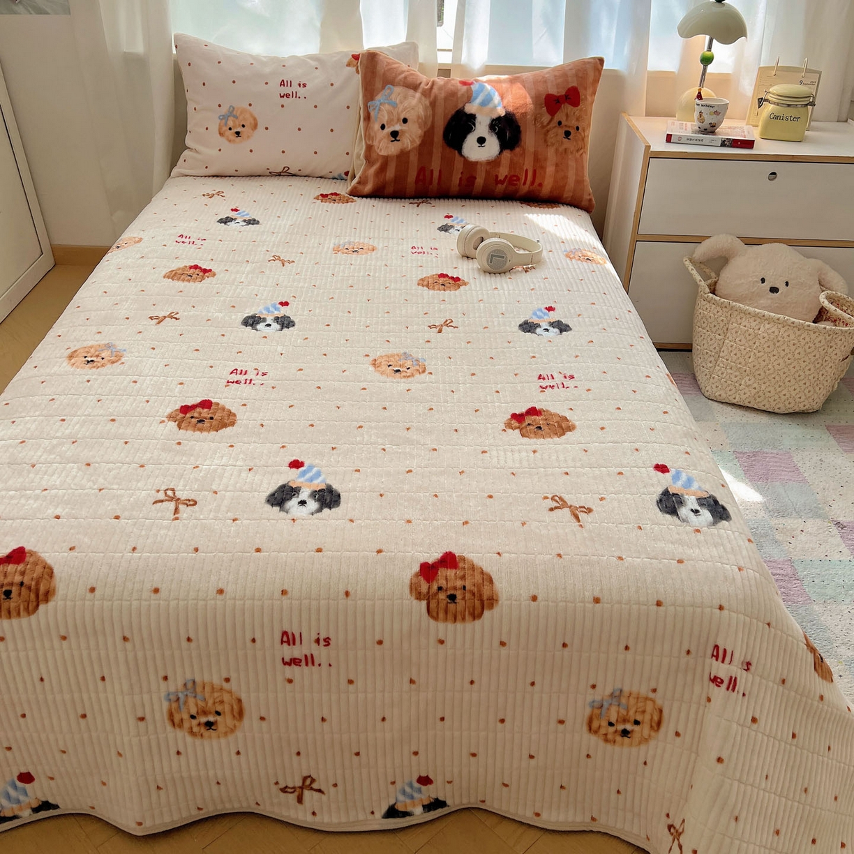 91家纺网 家纺一手货源 找家纺 桃喜 2025新款A类200g牛奶绒（含导电丝）印花床盖款四件套 幸运狗狗