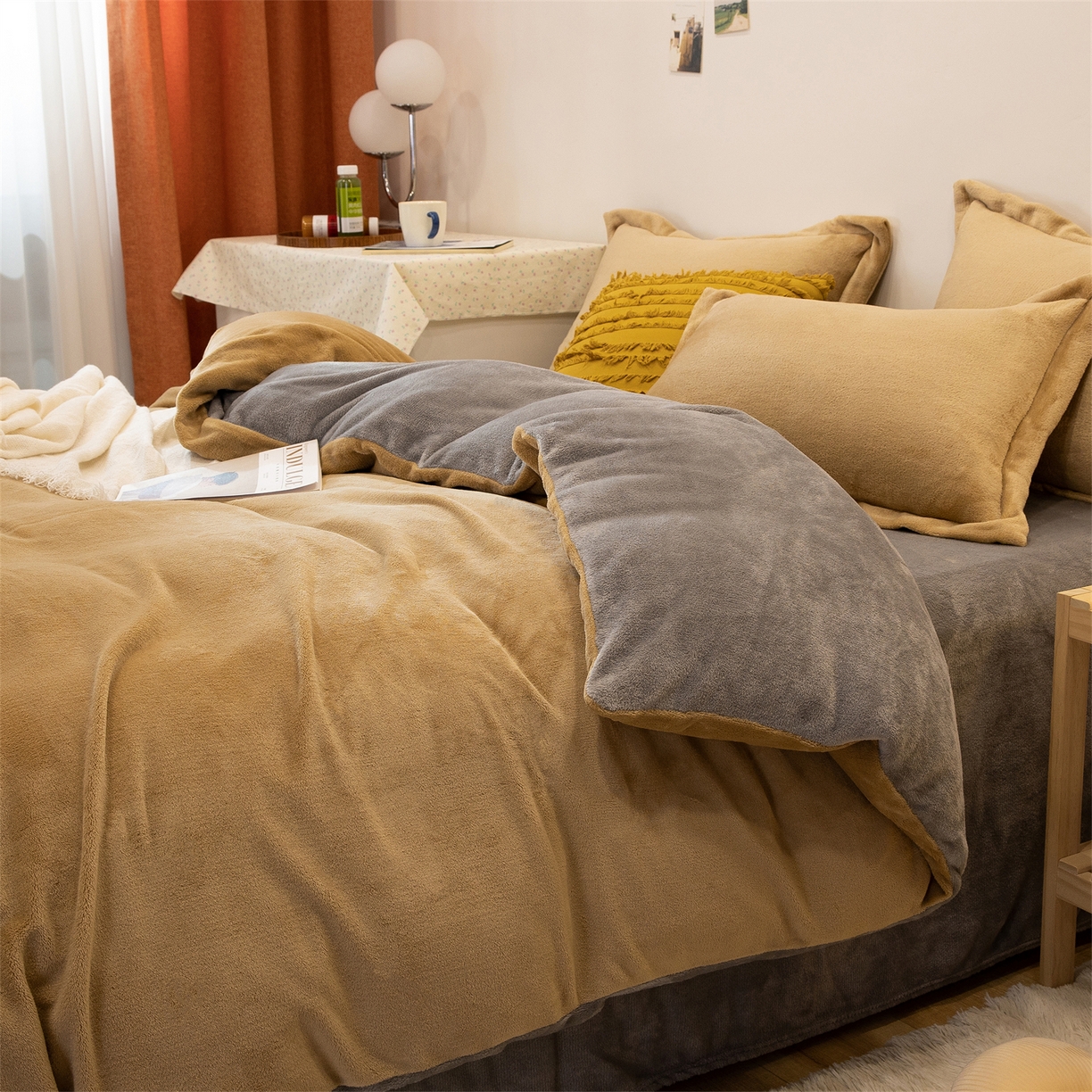 兰紫橙家纺 2025新款双面绒纯色双拼牛奶绒四件套 驼色+浅灰
