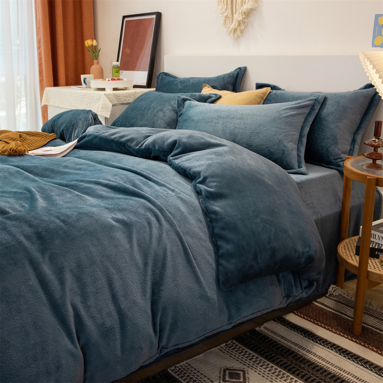 兰紫橙家纺 2025新款双面绒纯色双拼牛奶绒四件套 雾蓝