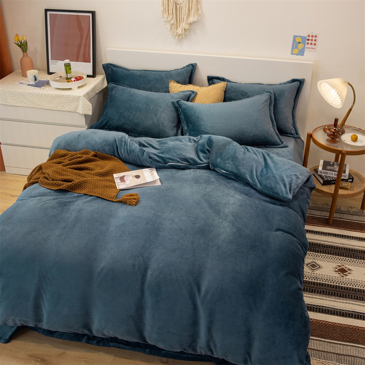 91家纺网 家纺一手货源 找家纺 兰紫橙家纺 2025新款双面绒纯色双拼牛奶绒四件套 雾蓝