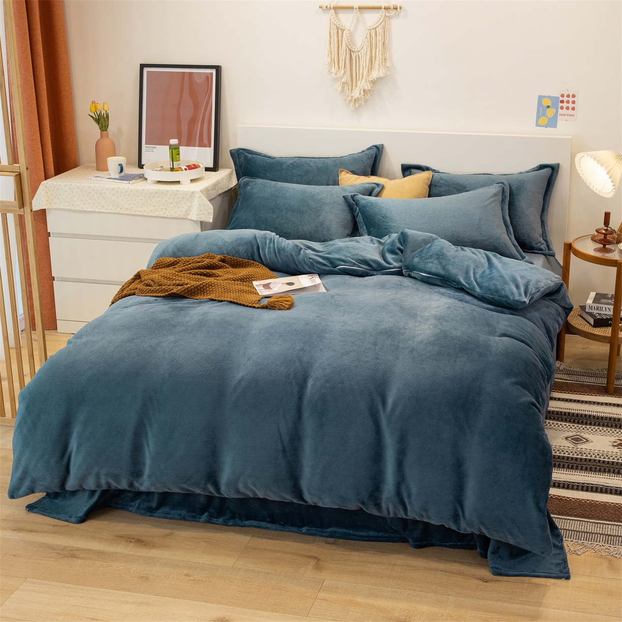 91家纺网 家纺一手货源 找家纺 兰紫橙家纺 2025新款双面绒纯色双拼牛奶绒四件套 雾蓝