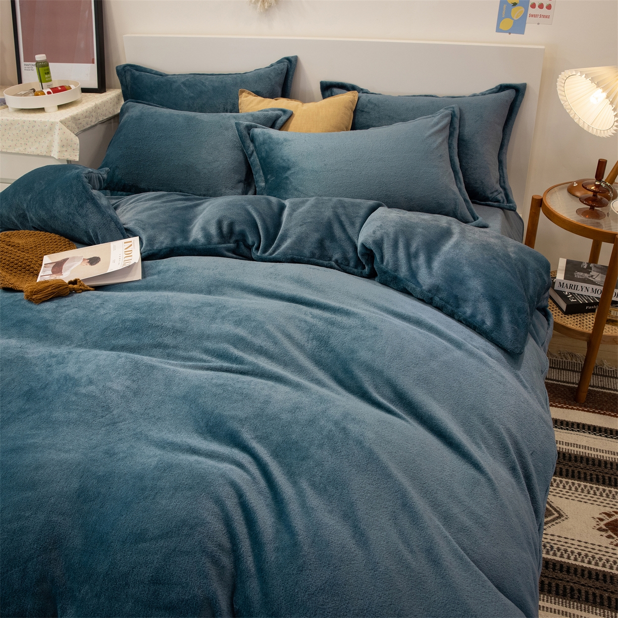 91家纺网 家纺一手货源 找家纺 兰紫橙家纺 2025新款双面绒纯色双拼牛奶绒四件套 雾蓝