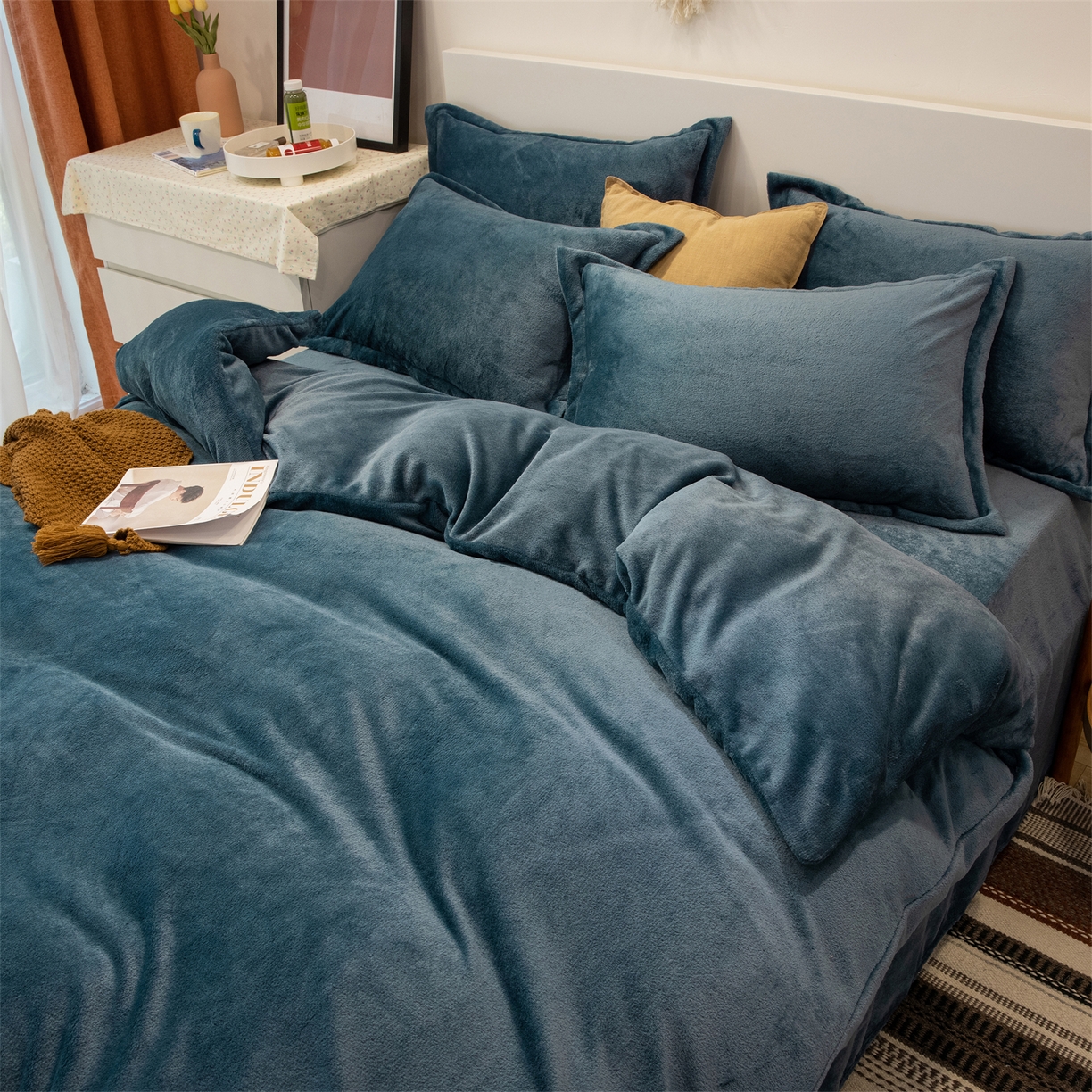 91家纺网 家纺一手货源 找家纺 兰紫橙家纺 2025新款双面绒纯色双拼牛奶绒四件套 雾蓝