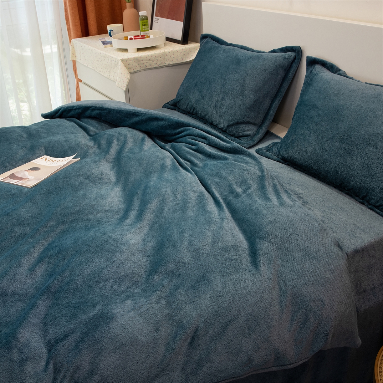 91家纺网 家纺一手货源 找家纺 兰紫橙家纺 2025新款双面绒纯色双拼牛奶绒四件套 雾蓝