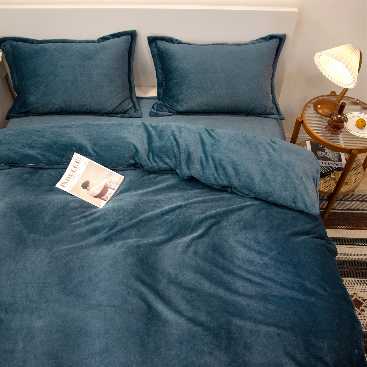 91家纺网 家纺一手货源 找家纺 兰紫橙家纺 2025新款双面绒纯色双拼牛奶绒四件套 雾蓝