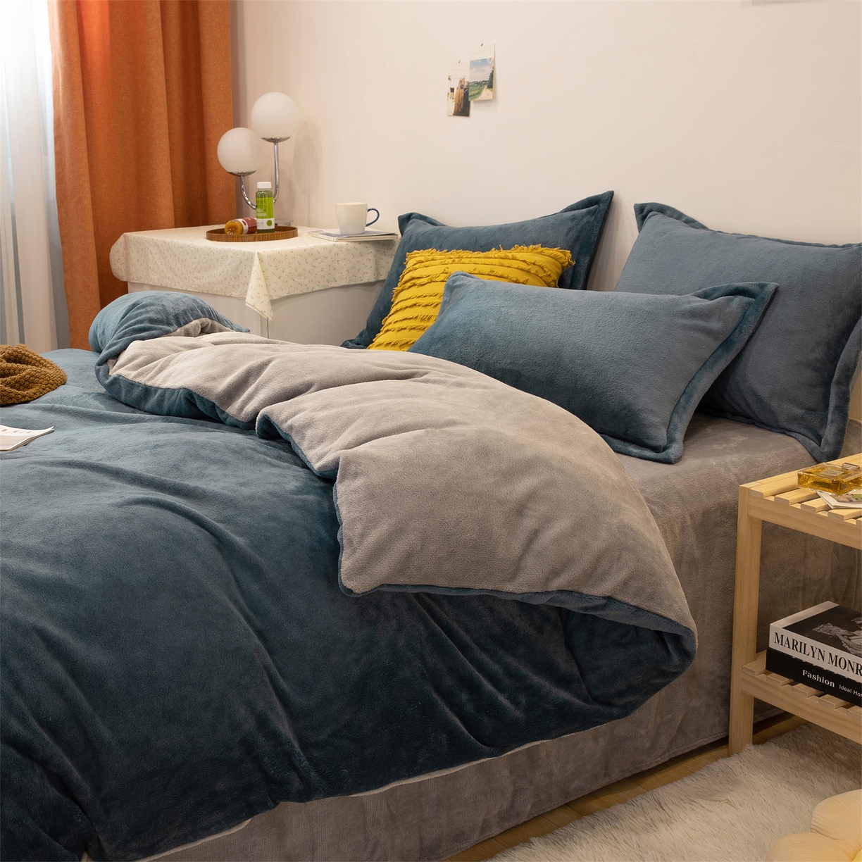 兰紫橙家纺 2025新款双面绒纯色双拼牛奶绒四件套 雾蓝+浅灰
