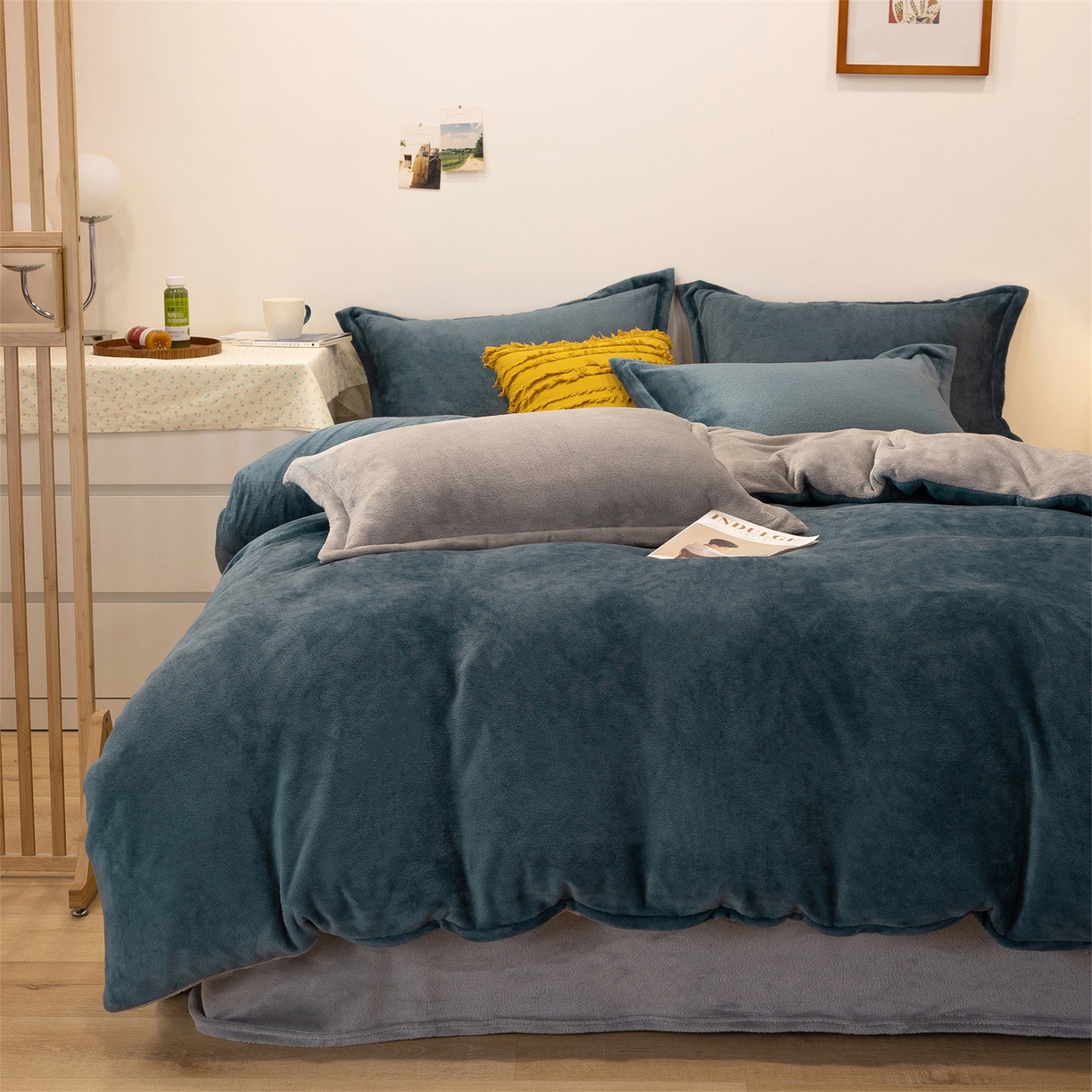 91家纺网 家纺一手货源 找家纺 兰紫橙家纺 2025新款双面绒纯色双拼牛奶绒四件套 雾蓝+浅灰