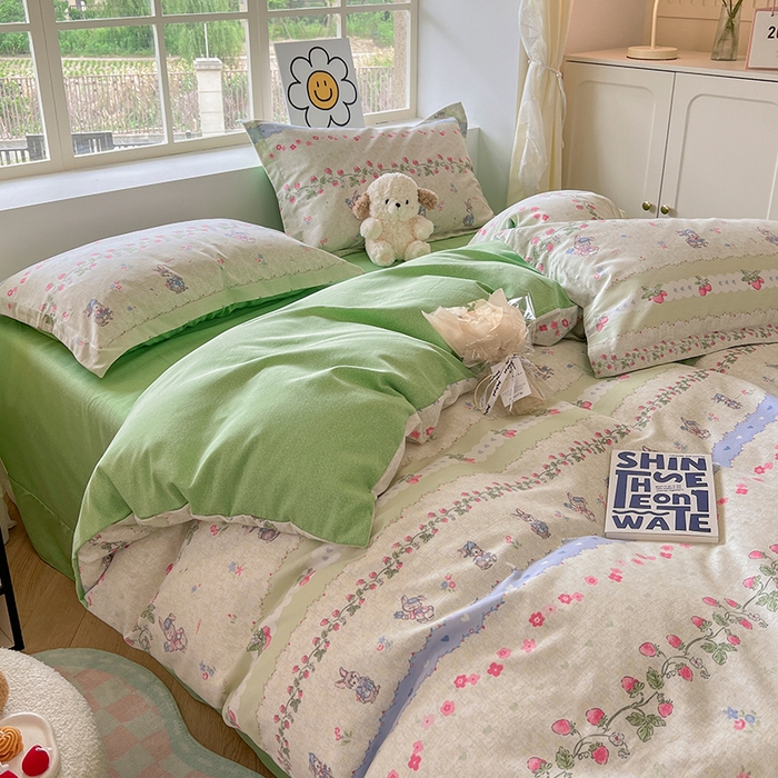 91家纺网 家纺一手货源 找家纺 典曼家纺 2025新款原棉磨毛印花四件套 花枝兔