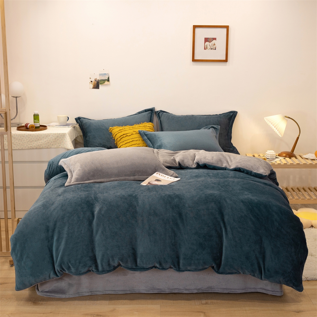 91家纺网 家纺一手货源 找家纺 兰紫橙家纺 2025新款双面绒纯色双拼牛奶绒四件套 雾蓝+浅灰