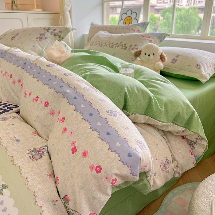 91家纺网 家纺一手货源 找家纺 典曼家纺 2025新款原棉磨毛印花四件套 花枝兔