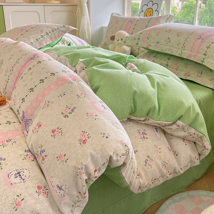 91家纺网 家纺一手货源 找家纺 典曼家纺 2025新款原棉磨毛印花四件套 糖兔少女