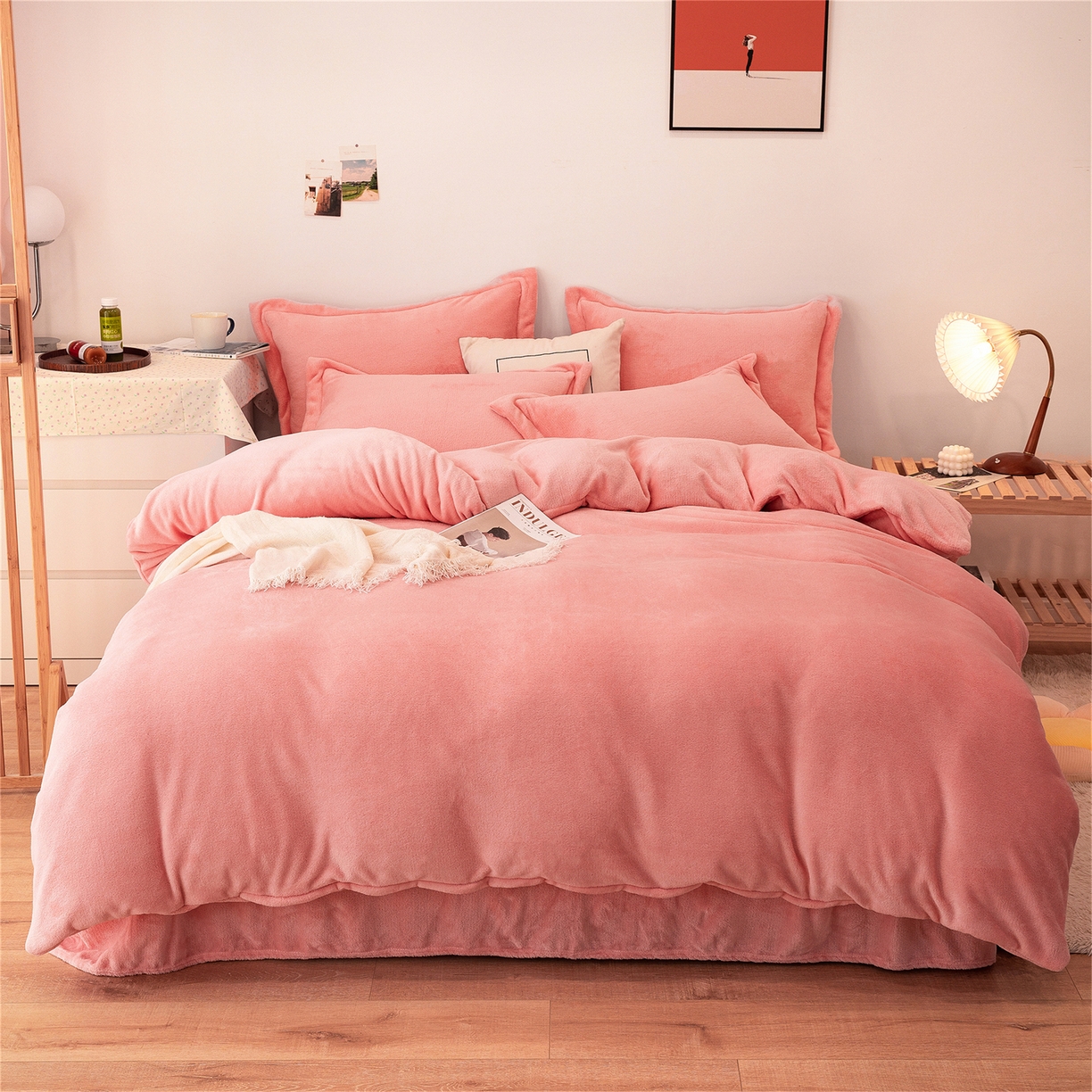 91家纺网 家纺一手货源 找家纺 兰紫橙家纺 2025新款双面绒纯色双拼牛奶绒四件套 玉色