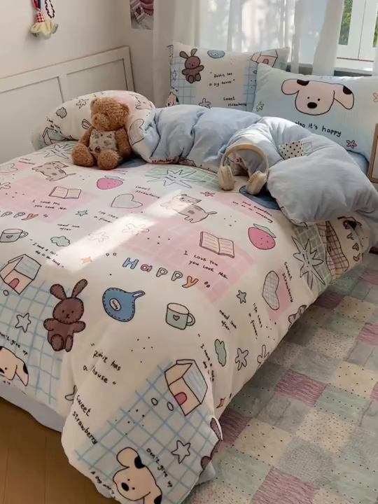 91家纺网 家纺一手货源 找家纺 桃喜 2025新款A类200g牛奶绒（含导电丝）印花床单款四件套 便利贴猫猫狗