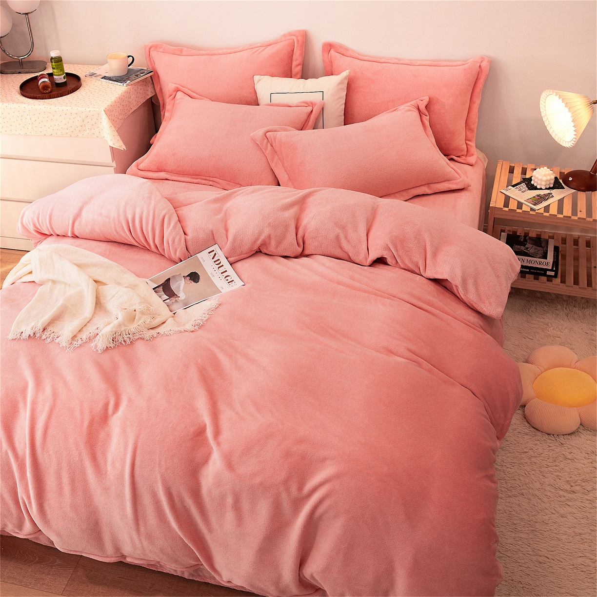 91家纺网 家纺一手货源 找家纺 兰紫橙家纺 2025新款双面绒纯色双拼牛奶绒四件套 玉色