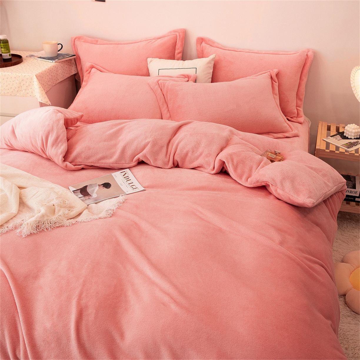 91家纺网 家纺一手货源 找家纺 兰紫橙家纺 2025新款双面绒纯色双拼牛奶绒四件套 玉色