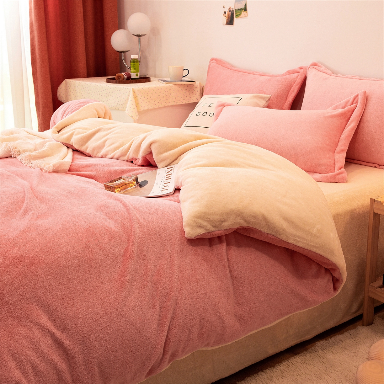 兰紫橙家纺 2025新款双面绒纯色双拼牛奶绒四件套 玉色+米白