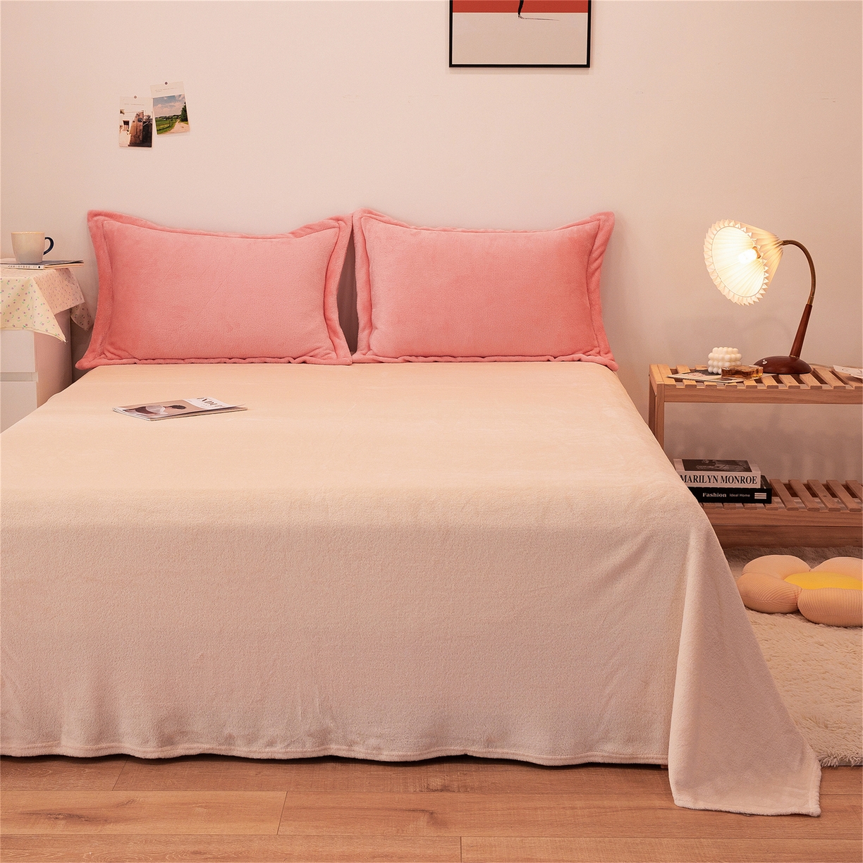 91家纺网 家纺一手货源 找家纺 兰紫橙家纺 2025新款双面绒纯色双拼牛奶绒四件套 玉色+米白