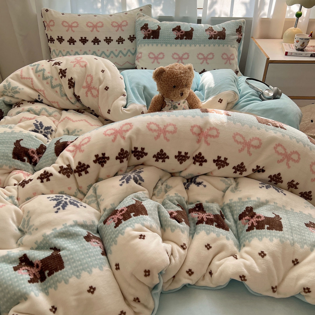 91家纺网 家纺一手货源 找家纺 桃喜 2025新款A类200g牛奶绒（含导电丝）印花床单款四件套 费尔岛狗狗蓝