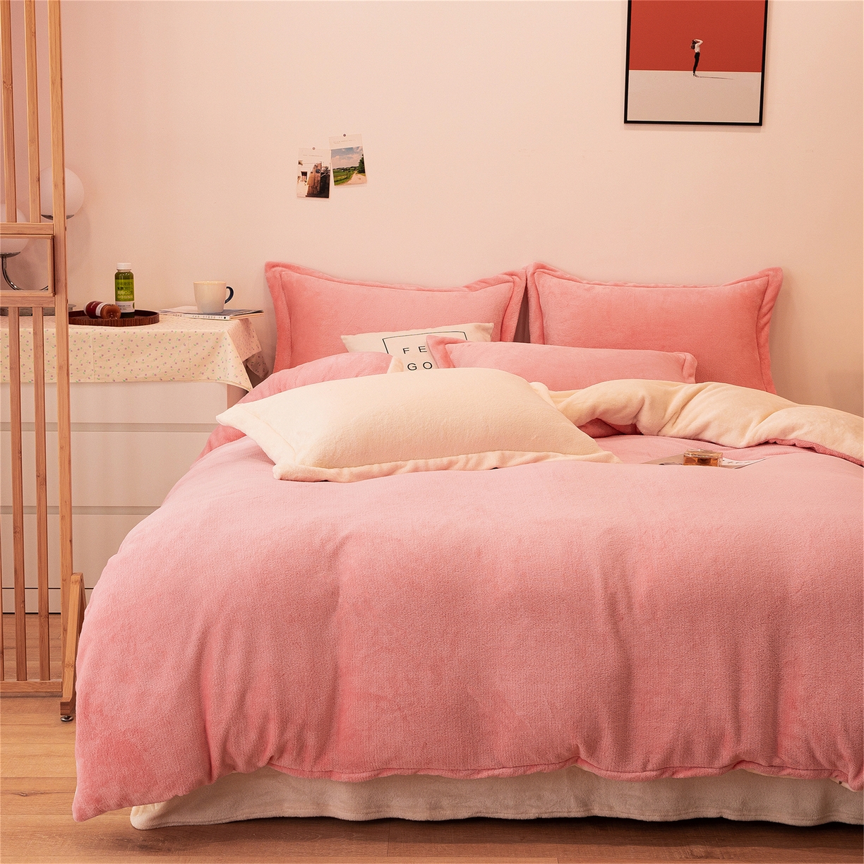 91家纺网 家纺一手货源 找家纺 兰紫橙家纺 2025新款双面绒纯色双拼牛奶绒四件套 玉色+米白