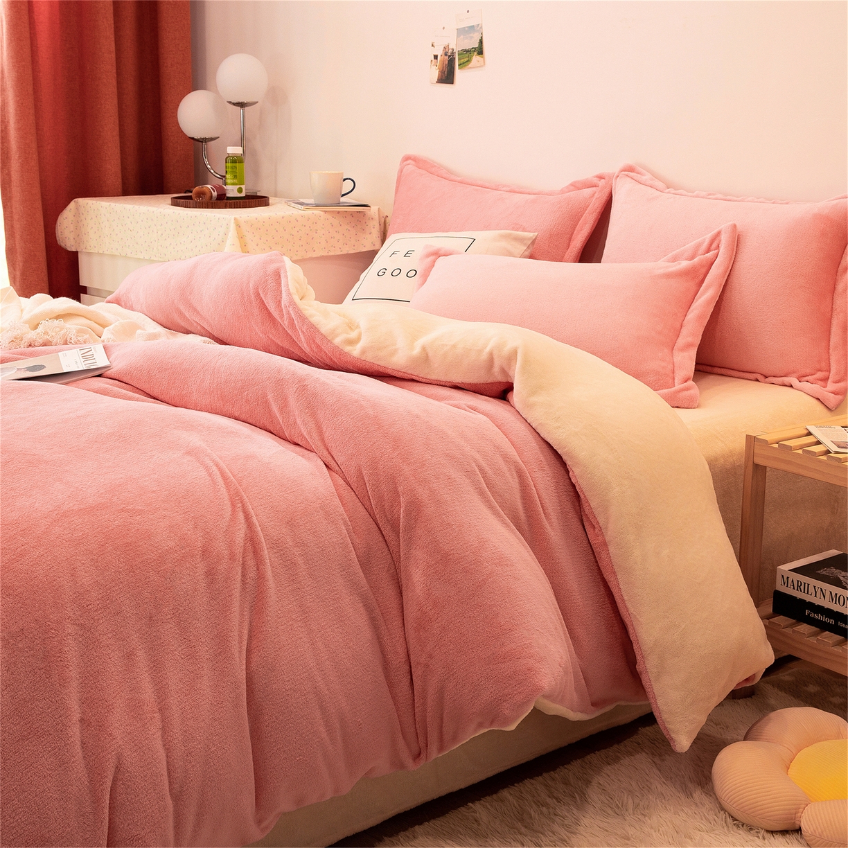 91家纺网 家纺一手货源 找家纺 兰紫橙家纺 2025新款双面绒纯色双拼牛奶绒四件套 玉色+米白