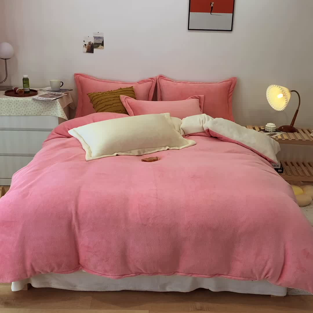 91家纺网 家纺一手货源 找家纺 兰紫橙家纺 2025新款双面绒纯色双拼牛奶绒四件套 玉色+米白