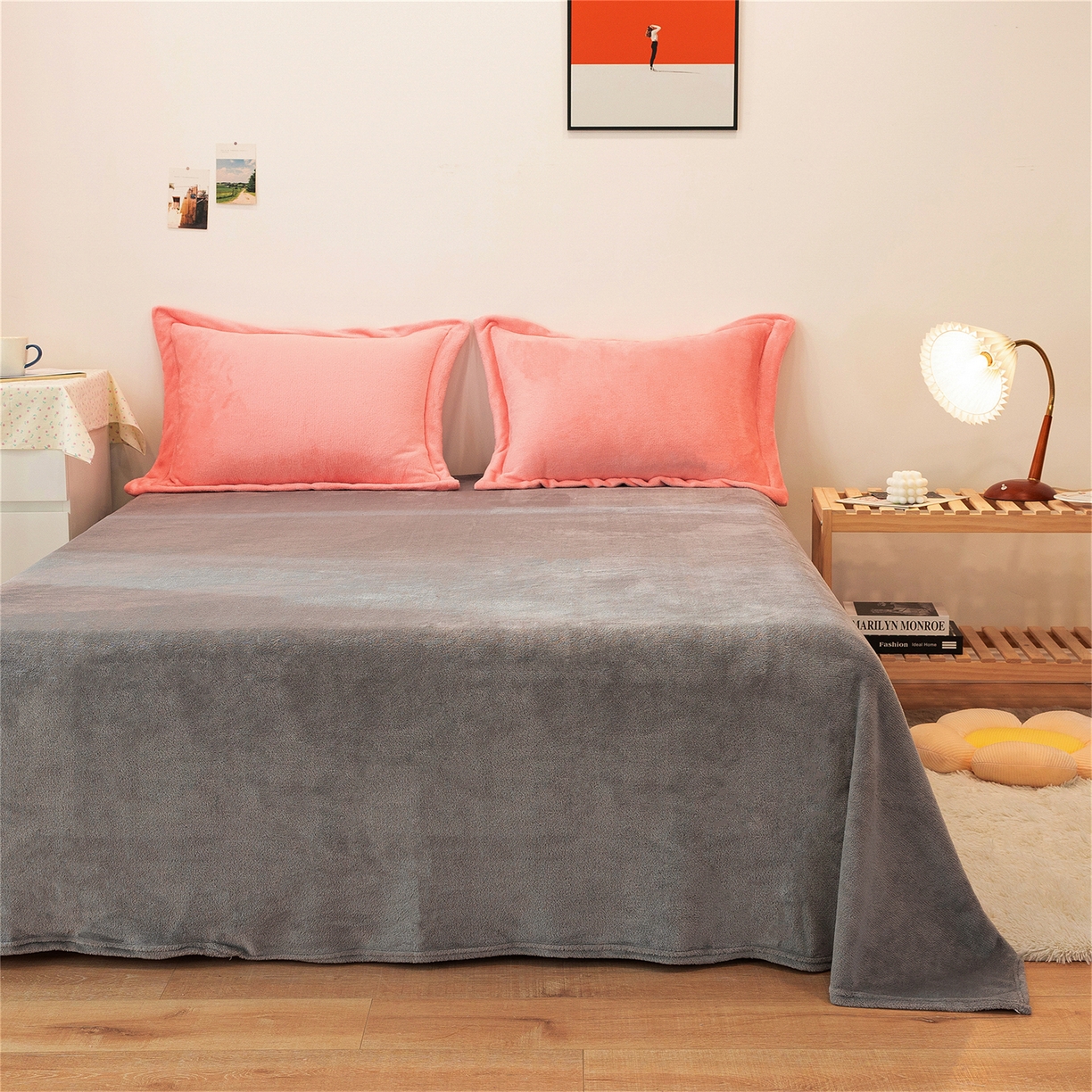 91家纺网 家纺一手货源 找家纺 兰紫橙家纺 2025新款双面绒纯色双拼牛奶绒四件套 玉色+浅灰