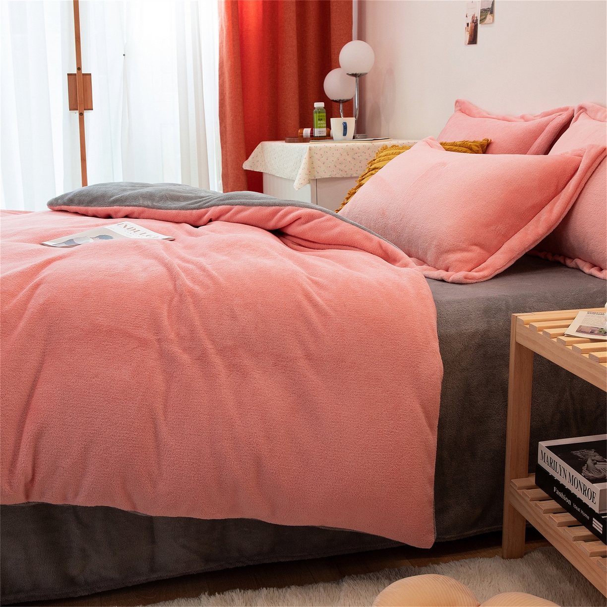 91家纺网 家纺一手货源 找家纺 兰紫橙家纺 2025新款双面绒纯色双拼牛奶绒四件套 玉色+浅灰