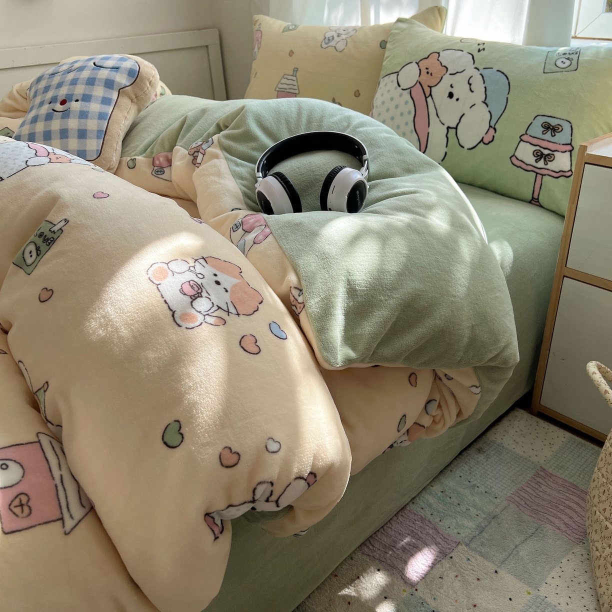 桃喜 2025新款A类200g牛奶绒（含导电丝）印花床单款四件套 奶黄宠物派