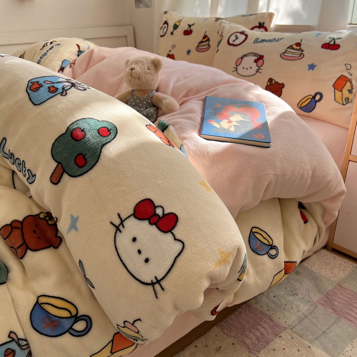 桃喜 2025新款A类200g牛奶绒（含导电丝）印花床单款四件套 涂鸦猫猫