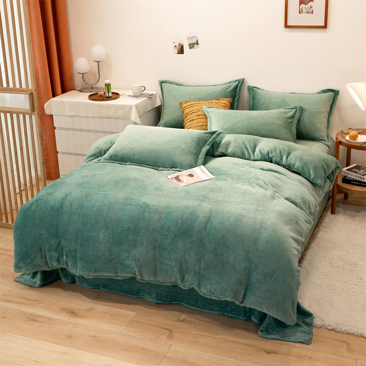 91家纺网 家纺一手货源 找家纺 兰紫橙家纺 2025新款双面绒纯色双拼牛奶绒四件套 竹青