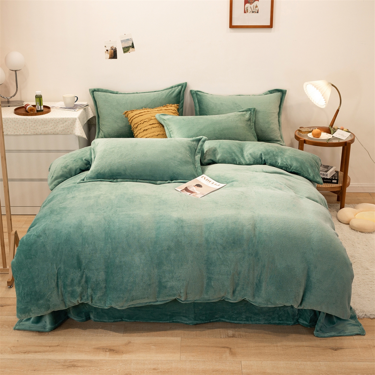 91家纺网 家纺一手货源 找家纺 兰紫橙家纺 2025新款双面绒纯色双拼牛奶绒四件套 竹青