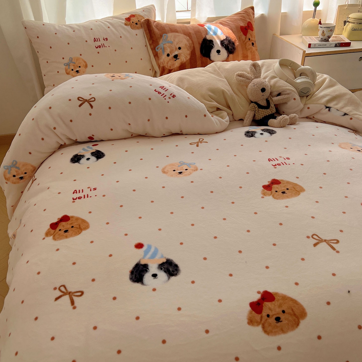 91家纺网 家纺一手货源 找家纺 桃喜 2025新款A类200g牛奶绒（含导电丝）印花床单款四件套 幸运狗狗