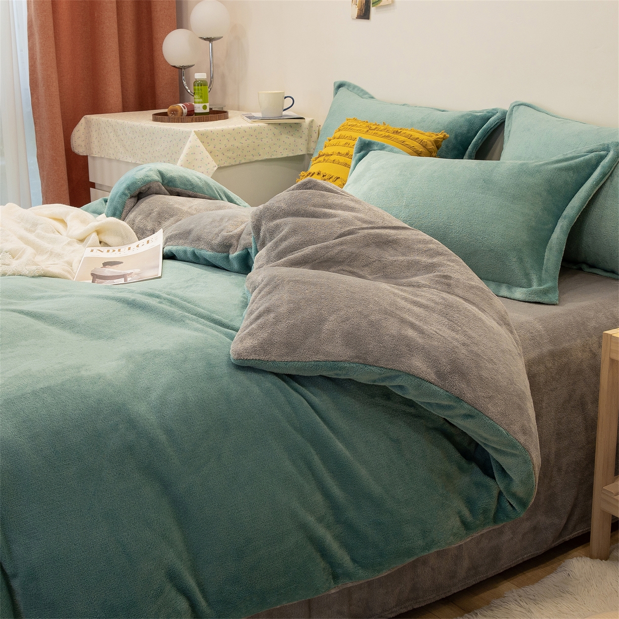 兰紫橙家纺 2025新款双面绒纯色双拼牛奶绒四件套 竹青+浅灰