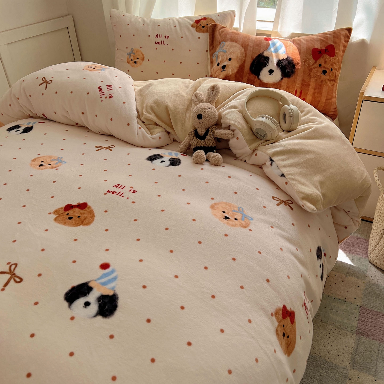 91家纺网 家纺一手货源 找家纺 桃喜 2025新款A类200g牛奶绒（含导电丝）印花床单款四件套 幸运狗狗