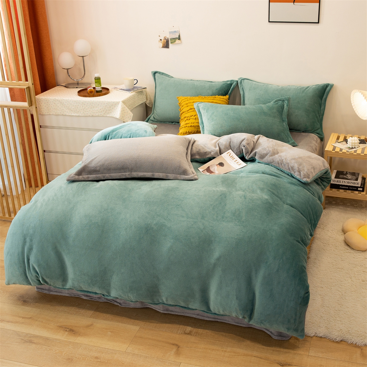 91家纺网 家纺一手货源 找家纺 兰紫橙家纺 2025新款双面绒纯色双拼牛奶绒四件套 竹青+浅灰