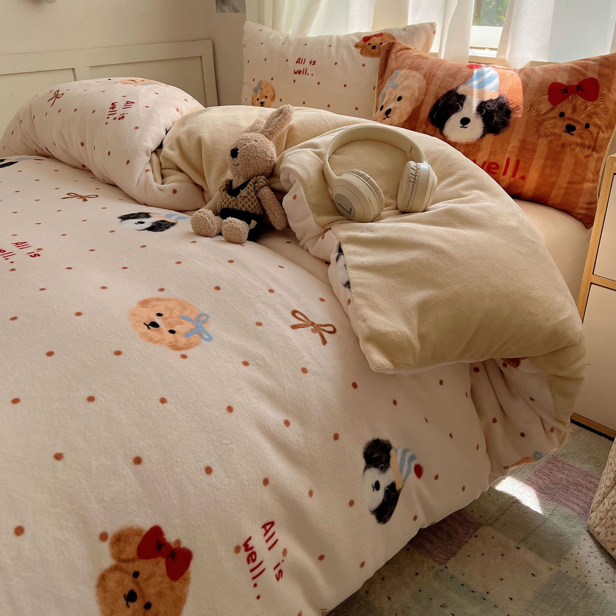 91家纺网 家纺一手货源 找家纺 桃喜 2025新款A类200g牛奶绒（含导电丝）印花床单款四件套 幸运狗狗