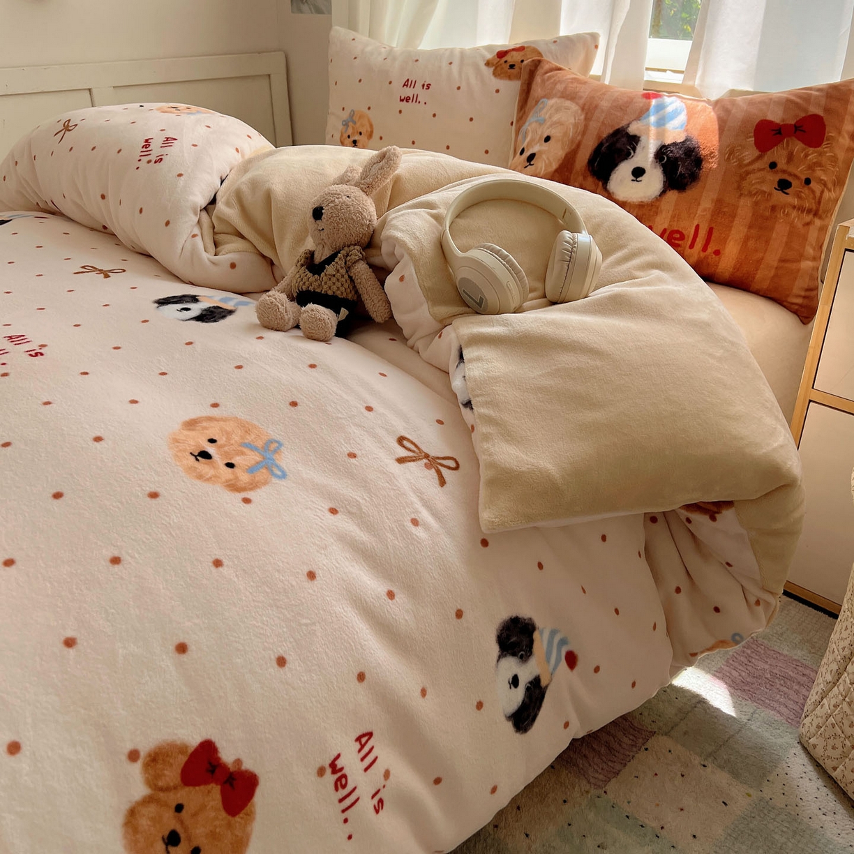 91家纺网 家纺一手货源 找家纺 桃喜 2025新款A类200g牛奶绒（含导电丝）印花床单款四件套 幸运狗狗