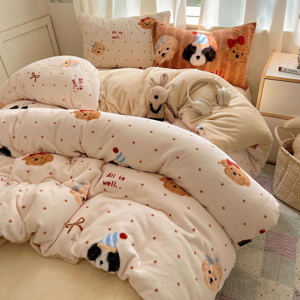 91家纺网 家纺一手货源 找家纺 桃喜 2025新款A类200g牛奶绒（含导电丝）印花床单款四件套 幸运狗狗