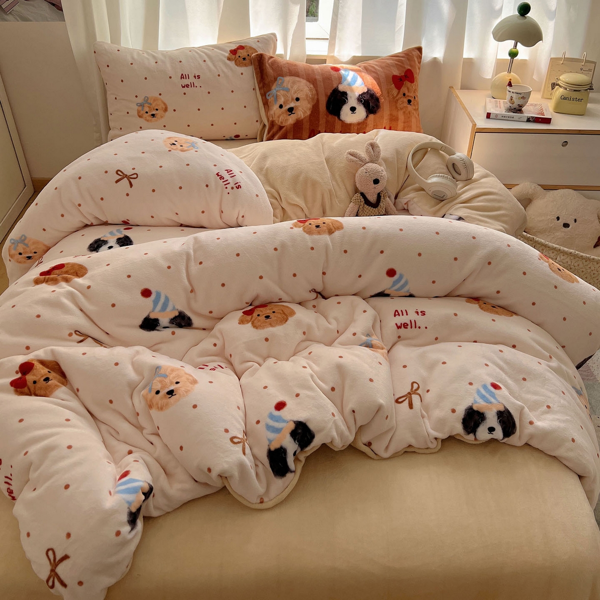 91家纺网 家纺一手货源 找家纺 桃喜 2025新款A类200g牛奶绒（含导电丝）印花床单款四件套 幸运狗狗