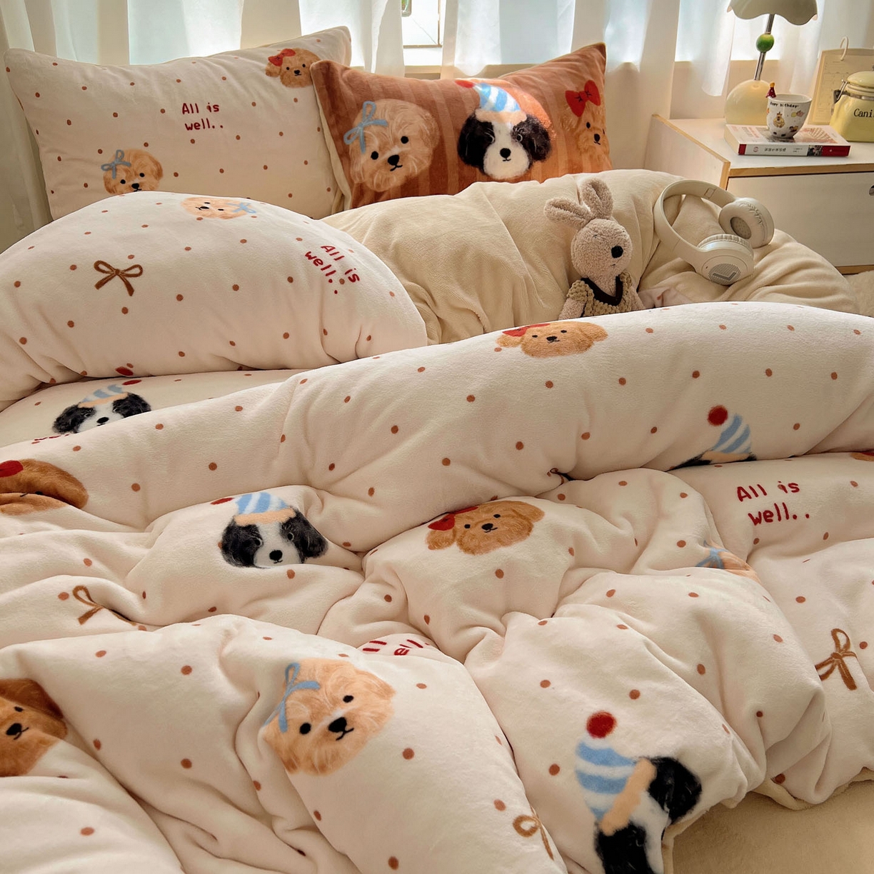 91家纺网 家纺一手货源 找家纺 桃喜 2025新款A类200g牛奶绒（含导电丝）印花床单款四件套 幸运狗狗