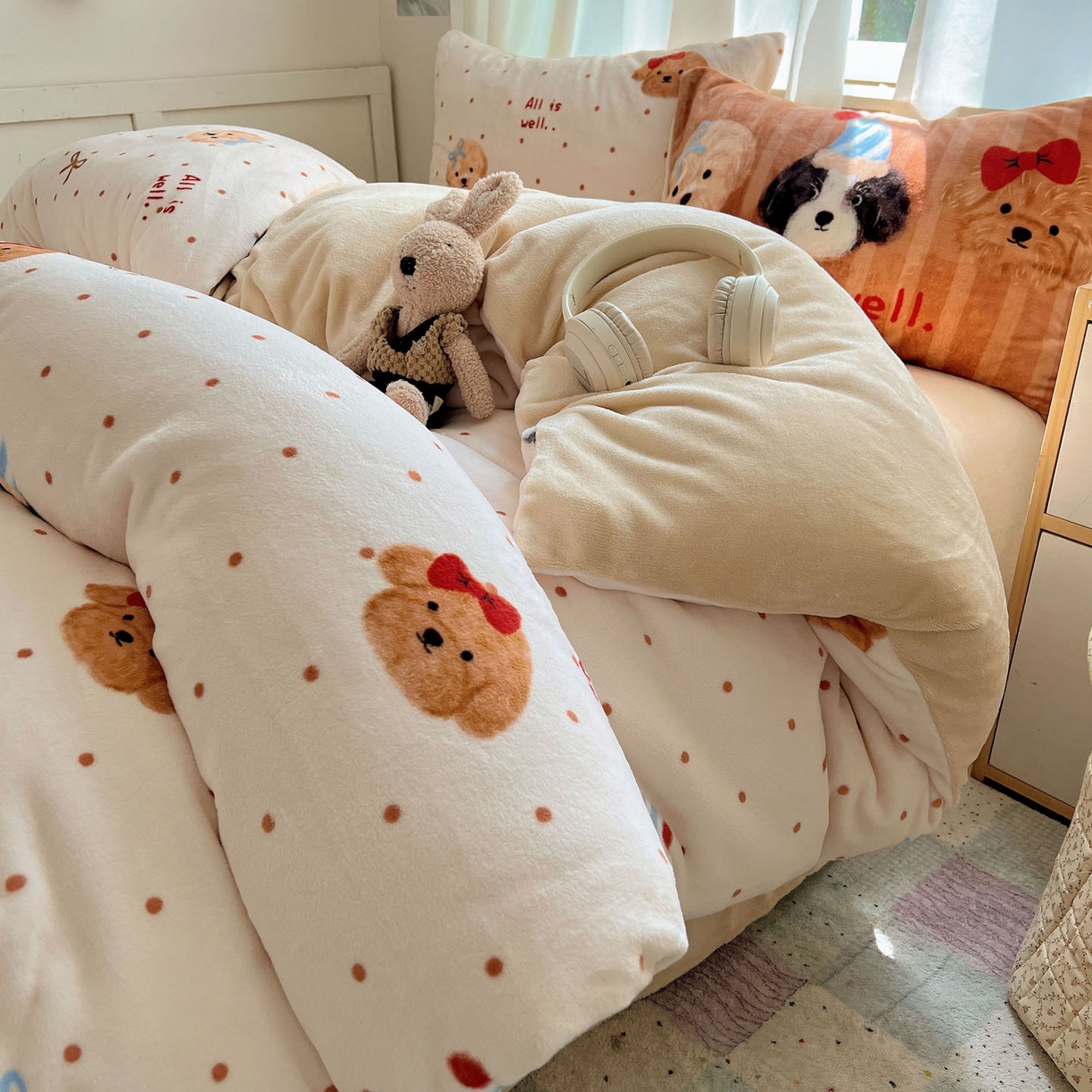 91家纺网 家纺一手货源 找家纺 桃喜 2025新款A类200g牛奶绒（含导电丝）印花床单款四件套 幸运狗狗