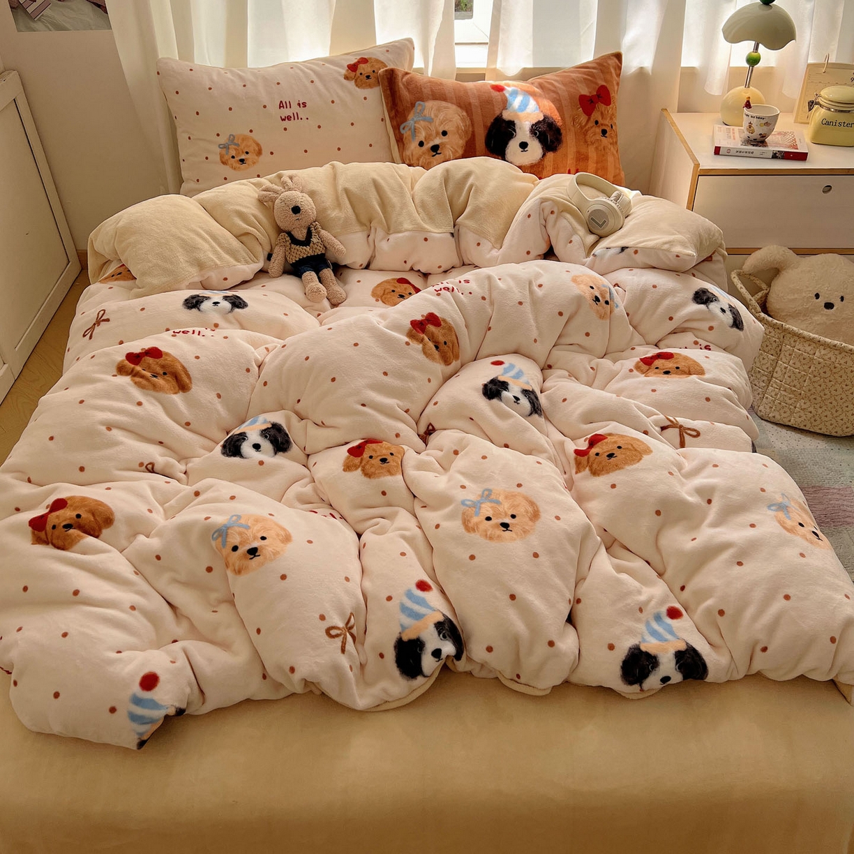 91家纺网 家纺一手货源 找家纺 桃喜 2025新款A类200g牛奶绒（含导电丝）印花床单款四件套 幸运狗狗