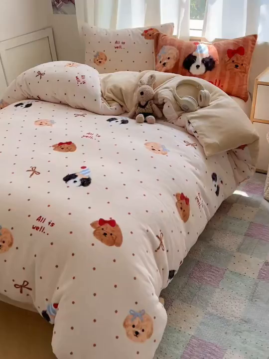 91家纺网 家纺一手货源 找家纺 桃喜 2025新款A类200g牛奶绒（含导电丝）印花床单款四件套 幸运狗狗