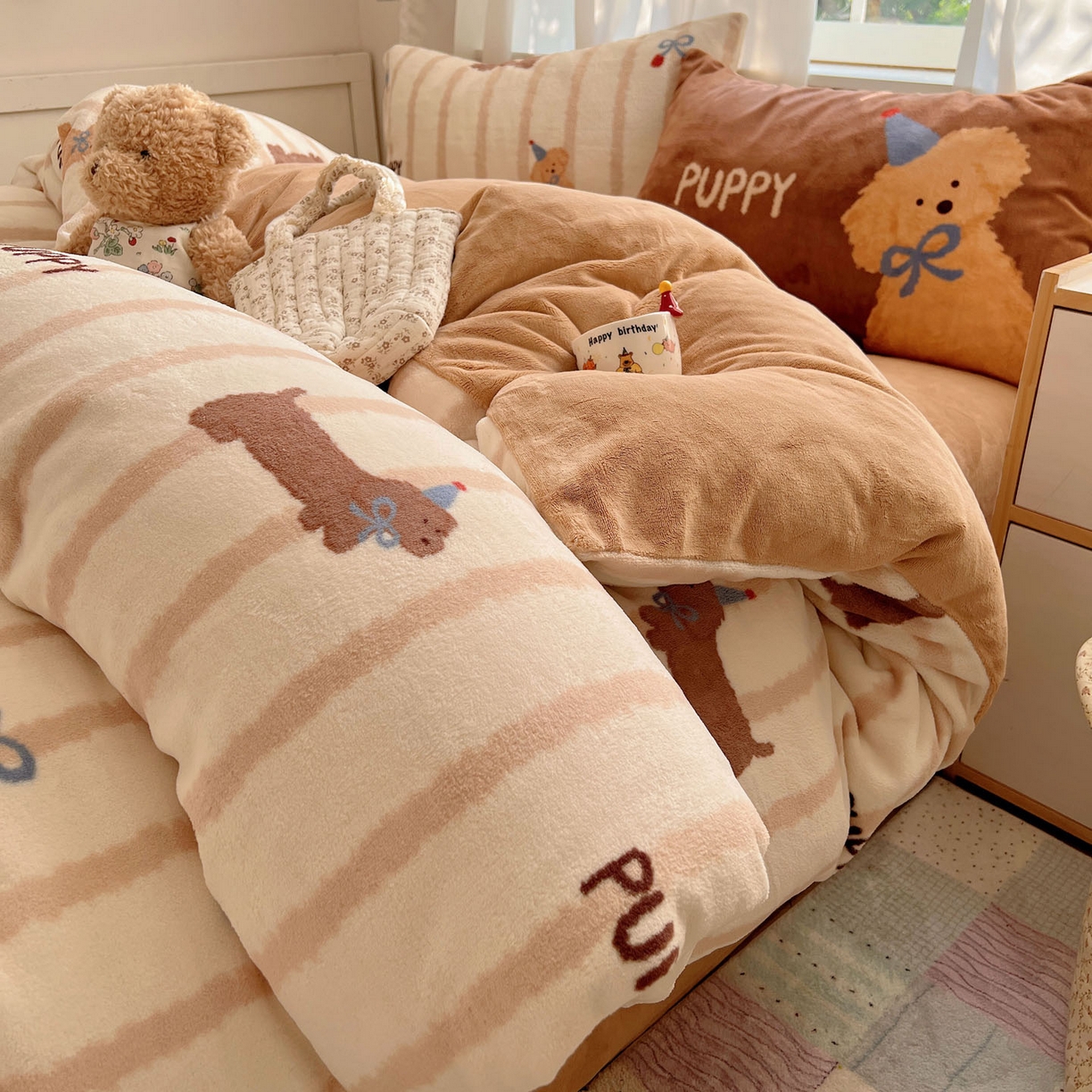 桃喜 2025新款A类200g牛奶绒（含导电丝）印花床单款四件套 樱桃咖条狗狗