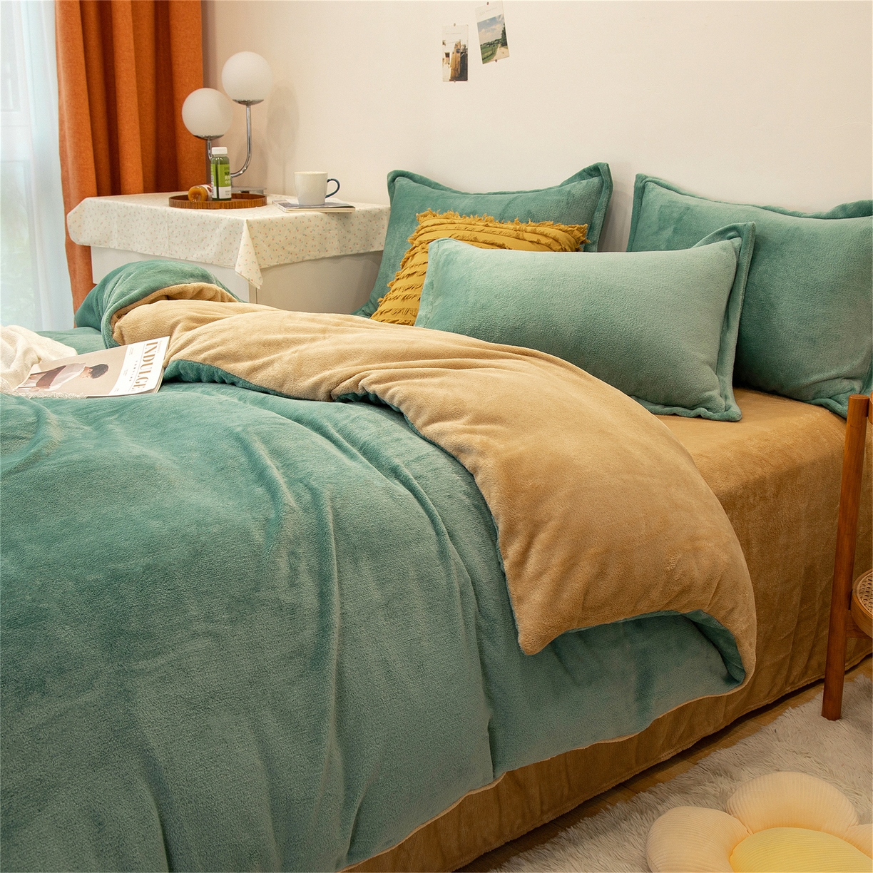 兰紫橙家纺 2025新款双面绒纯色双拼牛奶绒四件套 竹青+驼色