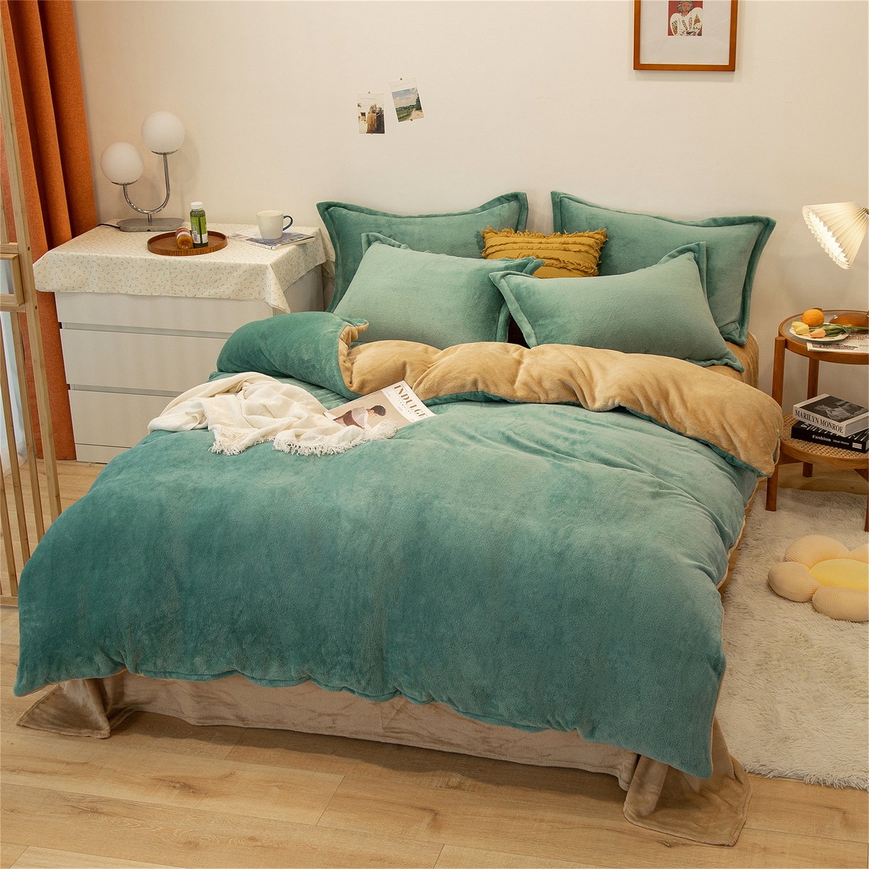 91家纺网 家纺一手货源 找家纺 兰紫橙家纺 2025新款双面绒纯色双拼牛奶绒四件套 竹青+驼色