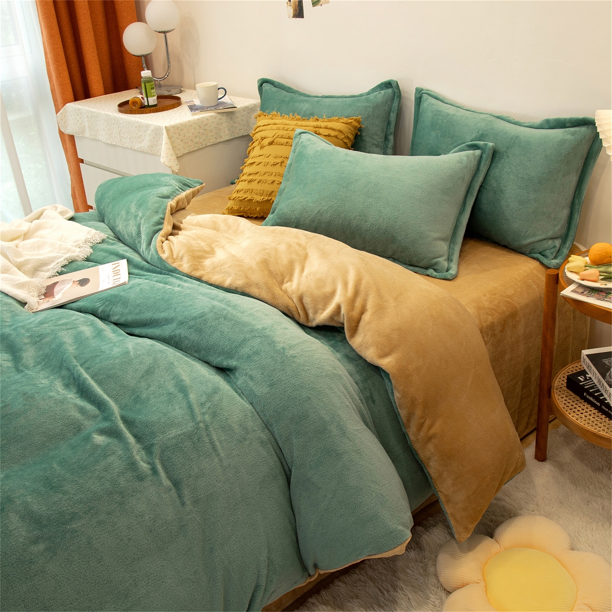 91家纺网 家纺一手货源 找家纺 兰紫橙家纺 2025新款双面绒纯色双拼牛奶绒四件套 竹青+驼色